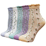 Dxyaky 5 Pairs Womens Floral Cotton Socks Vintage Patterned Crew Socks Novelty Ankle Ruffled Warm Casual Dress Socks, 5 Pairs