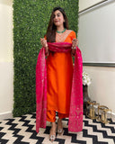 Anni Designer Women'S Rayon Viscose Embroidered Straight Kurta With Pant & Dupatta (Kalsubai Orange_Xxl_Orange_Xx-Large),Orange,2XL,,,