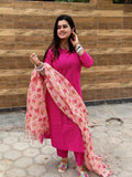 Anni Designer Women'S Rayon Blend Printed Straight Kurta With Pant & Dupatta (Barhai Pink_Xl_Pink_X-Large),Pink,XL,,,