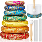 Fiada 10 Pcs Singing Bowl Cushion Set 7 Silk Cloth O Ring with 3 Crystal Singing Bowl Mallet Include Solid and Hollow Stick Wood