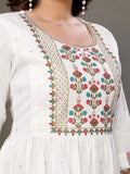 Rangita Off White Rayon Calf Length Embroidered Tiered Flared Kurti | Kurta For Women_Xl
