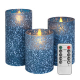 Blue Flameless Candles with Remote, Real Wax Glass Battery Operated Candles with Timer, LED Pillar Candle for Bedroom Home Weddi