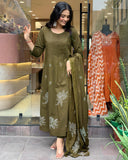 Gosriki Women'S Rayon Viscose Anarkali Printed Kurta With Pant & Dupatta (Gangori Mehandi-Gs_M_Mehandi_Medium),Mehandi,,B0DX24ZBG3