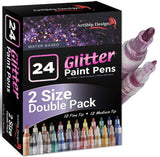 ArtShip Design 24 Glitter Paint Pens, Double Pack of Both Extra Fine and Medium Tip Paint Markers, for Rock Painting, Mug, Ceram