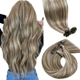 LaaVoo K Tip Hair Extensions Real Human Hair Highlight Brown Utip Hair Extensions Human Hair Light Brown and Golden Blonde Ktip
