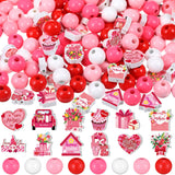 Buryeah 200 Pcs Mother's Day Wooden Beads Heart Flower Pink and Red DIY Wood Beads for Crafts Jewelry Making Gifts Garlands Home