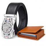 Tpm MenS Black Textured Canvas Belt With Silver Rotating Buckle And Black Slim Wallet Accessory Gift Set