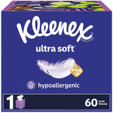 Kleenex Ultra Soft Facial Tissues, 1 Cube Box, 60 Tissues per Box, 3Ply, Packaging May Vary