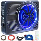 1000W Car Subwoofer with Remote Control, 10'' Slim Under Seat Powered Car Subwoofer w/Built-in Amplifier & Hi/Lo Input, Bass Spe