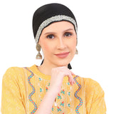 WomenS Black Diamond Lace Cap Head Scarf With Silver Embellishments