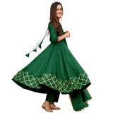Anni Designer Women'S Rayon Anarkali Gold Printed Kurta And Dupatta Set (Kumt; Green; Large),Green,L