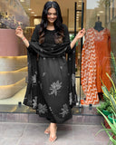 Anni Designer Women'S Rayon Viscose Anarkali Printed Kurta With Pant & Dupatta (Gangori Black_Xxl_Black_Xx-Large),Black,2XL,,,