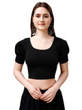 Pujia Mills Women's Readymade Shining Lycra Stretchable Round Neck Half Puff Sleeve Blouses Lycra Stretchable Black Color Blouse
