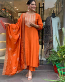 Anni Designer Women'S Rayon Blend Embroidered Straight Kurta With Pant & Dupatta (Puneeta Orange_S_Orange_Small),Orange,S,Rayon Blend,Regular,