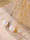 Gold Chain Necklace with Shell Pearls & Zircon Accents 16.5''+1.9'' Adjustable Stainless Steel Elegant Gift for Women