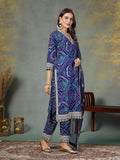 Stylum Women'S Bandhani Print & Embroidered Muslin Straight Kurta Pant Dupatta Set (Kpdbluebanno42_Blue, Xl)