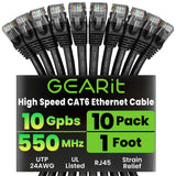 GearIT Cat 6 Ethernet Cable Pack - 10-Pack 1 ft Cat6 Ethernet Patch Cables | RJ45 Network Patch Cable, 10 Gbps Snagless Gold-Pla