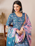 Anni Designer Women'S Cotton Blend Anarkali Printed Kurta With Pant & Dupatta (Nina Kerocin-Vks01_L_Blue_Large),Blue,L,,,