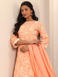 Libas Womens Printed Cotton Blend Straight Kurta With Palazzos And Dupatta Orange S