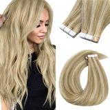 Sunny Hair Tape in Hair Extensions Real Human Hair Invisible Remy Hair Extensions Tape ins for Women Golden Blonde Highlight Med