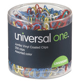 Universal UNV95000 PlasticCoated Jumbo Paper Clips with OneCompartment Dispenser Tub Assorted Colors (250/Pack)
