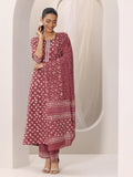 Libas Womens Printed Cotton Straight Kurta With Trousers And Dupatta Rust Xl