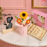 Art Street Rakshabandhan Gift Hamper for Sister with Elegant Crochet Flower Bouquet in Pink Pot, Acrylic Frame with Quote & Velv