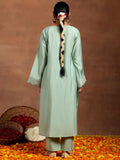 Libas Gerua Womens Yoke Design Silk Blend Straight Kurta With Trousers Green S