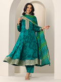 Rama Green Floral Printed Anarkali Kurta With Embellishment & Printed Trouser With Leheriya Dupatta Rama M