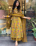 Anni Designer Women'S Rayon Blend Anarkali Printed Kurta With Pant & Dupatta & Dupatta (Cia Yellow_Xxl_Yellow_Xx-Large),Yellow,2XL,,,