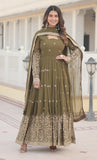 Wedani Faux Georgette Sequins Embroidered Work Anarkali Kurta Set For Women (In Alpha 2Xl Regular Olive),OLIVE,2XL,Georgette,Anarkali,