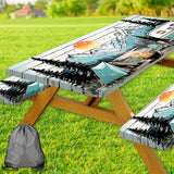 Picnic Table Cover with Bench Covers and Bag, Wooden Camper Waterproof Windproof, Fitted Tablecloth Cover with Elastic Edge, for