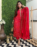 Gosriki Women'S Rayon Blend Bandhani Printed Straight Kurta With Pant & Dupatta (Turae-Red-Gs_Xs_Red_X-Small),Red,,B0FH7357GR
