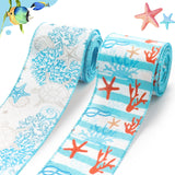 Threetols 2 Rolls 10 Yards Ocean Wired Edge Burlap Ribbon, Blue Corals Starfish Turtles Gift Wrapping for Farmhouse Party DIY Cr