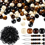663 Pieces Wooden Hair Beads Set Including 160 Barrel Wood Beads European Wood Loose Beads, 500 Black Elastic Hair Bands with 3