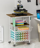 Ardier Movable Heat Press Machine Cart with Basket and Hooks, 3 Tier Crafting Shelf Organizer with Vinyl Roll Holder, Workbench