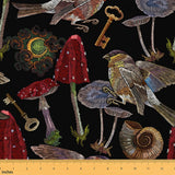 Trippy Mushroom Fabric by The Yard Bohemia Moon Golden Key Cloudy Sky Fabric for Kids Teens Adults Embroidery Bird Rustic Plants
