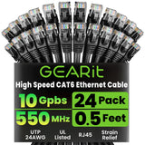 GEARit Cat 6 Ethernet Cable Pack - 24-Pack 25 ft Cat6 Ethernet Patch Cables | RJ45 Network Patch Cable, 10 Gbps Snagless Gold-Pl