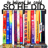 Goutoports Medal Holder Display Hanger Rack Frame for Sport Race Runner - He Believed He Could - Sturdy Black Steel Metal Over 6