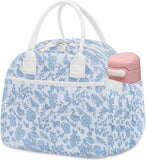 Carry bloom Lunch Box for Women, Insulated Lunch Bag Cute Corduroy Lunchbag Reusable Lunchbox for Work (flower blue)