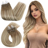 Ugeat Micro Link Hair Extensions Balayage for Thicker Ombre Light Brown Micro Beads Hair Extensions Real Human Hair Platinum Blo