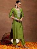 Libas Gerua Womens Yoke Design Silk Blend Straight Kurta With Trousers And Dupatta Green M Gs911