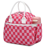 Carry bloom Lunch Box for Women, Insulated Lunch Bag Cute Corduroy Lunchbag Reusable Lunchbox for Work (checkered rose pink)