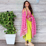 Anni Designer Women'S Cotton Blend Kurta With Pant & Dupatta (Snap-Grey_Green_Small),Green,S,Cotton Blend,Regular,Kurta, Pants, Scarf