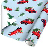 American Greetings Reversible Christmas Wrapping Paper Roll with Little Red Truck Hauling a Christmas Tree, Light Blue and White