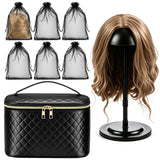 Kacctyen Deluxe Wig Travel Case with Adjustable Holder Stand and 6 Pcs Yarn Storage Bags Wig Storage Box for Men & Women, Cosmet