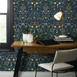 Simon&Siff Floral Wallpaper Peel and Stick Navy Blue Boho Wall Paper 60 x 17.3 Dark Blue Blooming Flower Wildflowers Self Adhesi