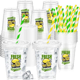 Domensi 50 Sets Lemon Disposable Plastic Cups 12 oz Lemonade Thick Clear Cups with Lids Straws Decoration for Iced Lemonade Juic