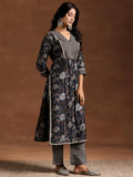 Libas Womens Printed Silk Blend Straight Kurta With Trousers Teal Blue Xl