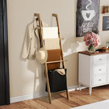 67-Inch Farmhouse Blanket Ladder, Rustic Wooden Display Ladder with Basket for Blankets, Quilts & Towels, Natural Grain, Sturdy